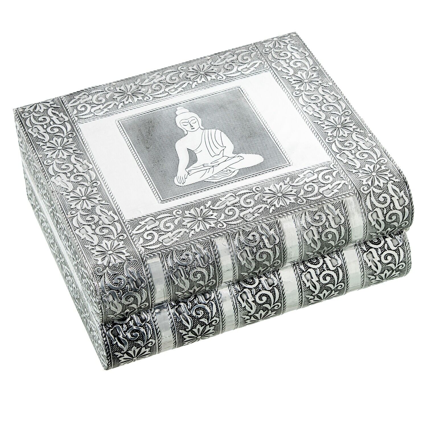 Portagioie in metallo argentato con specchio e decorazione Buddha, 23x19x9cm ST75988