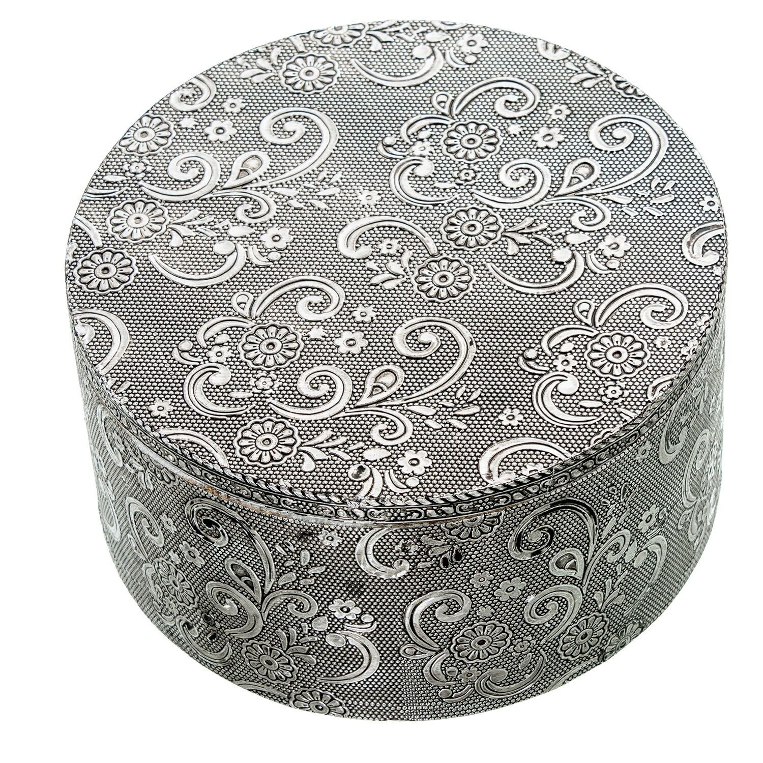 Portagioie rotondo in metallo argentato con decorazione arabesca, 12x7cm ST75997