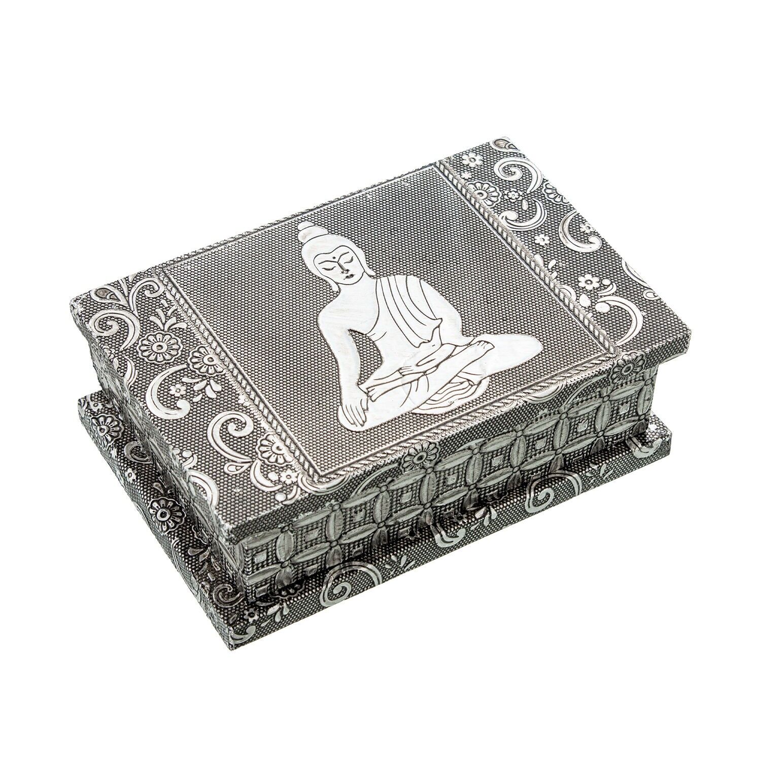 Portagioie in metallo argentato con decorazione Buddha, 15x10x5cm ST75996