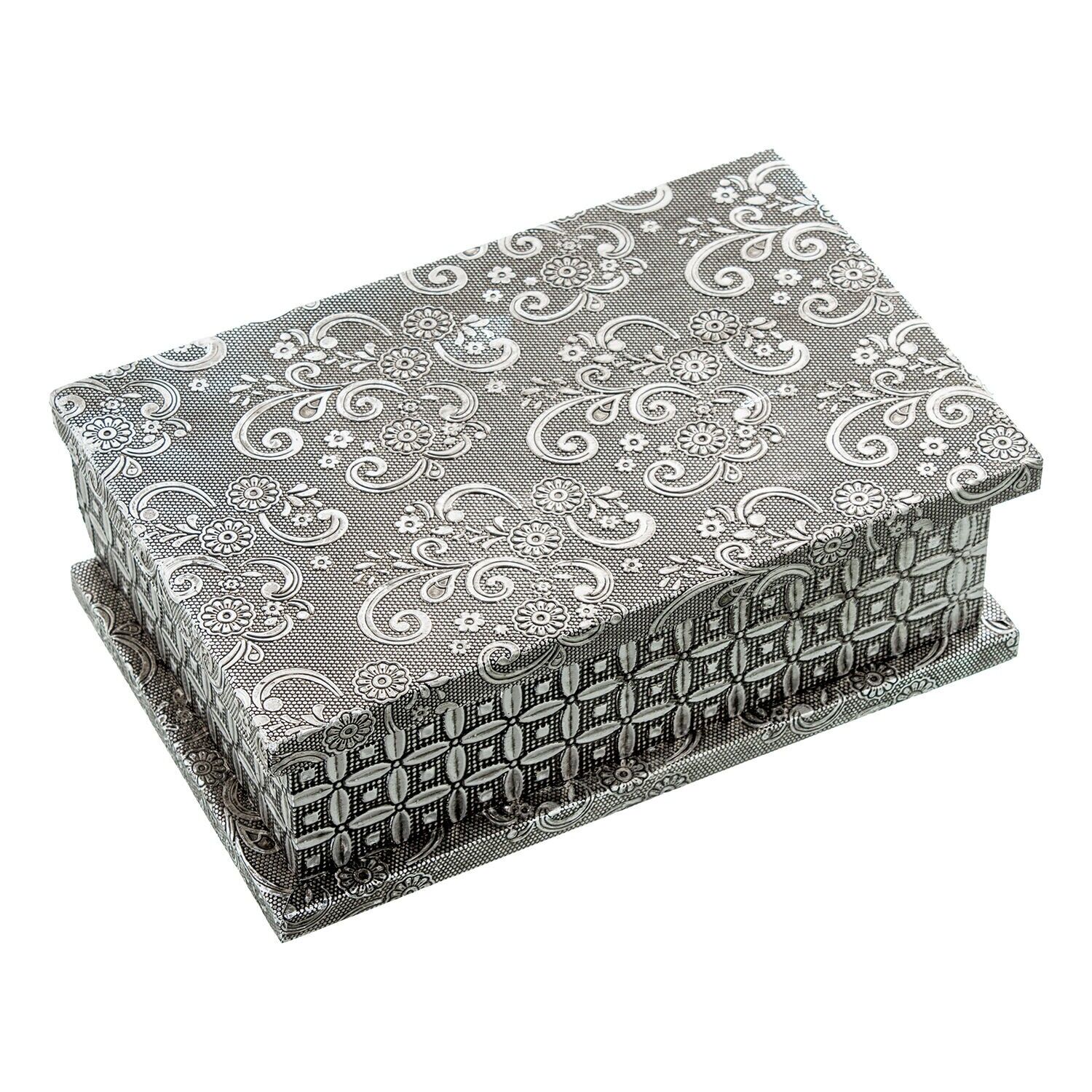 Portagioie in metallo argentato con decorazione arabesca, 20x13x6,5cm ST75998