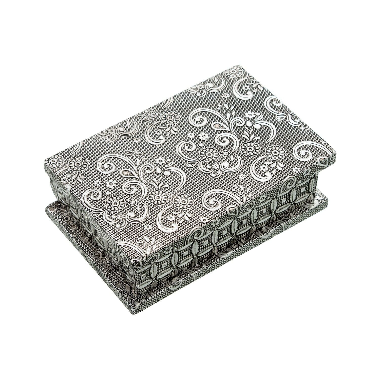 Portagioie in metallo argentato con decorazione arabesca, 15x10x5cm ST75999