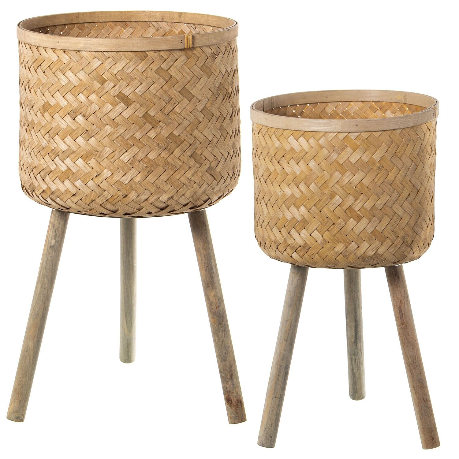 Set di 2 fioriere in bambù naturale con gambe in legno di abete, 35x63cm e 30x55cm ST76117