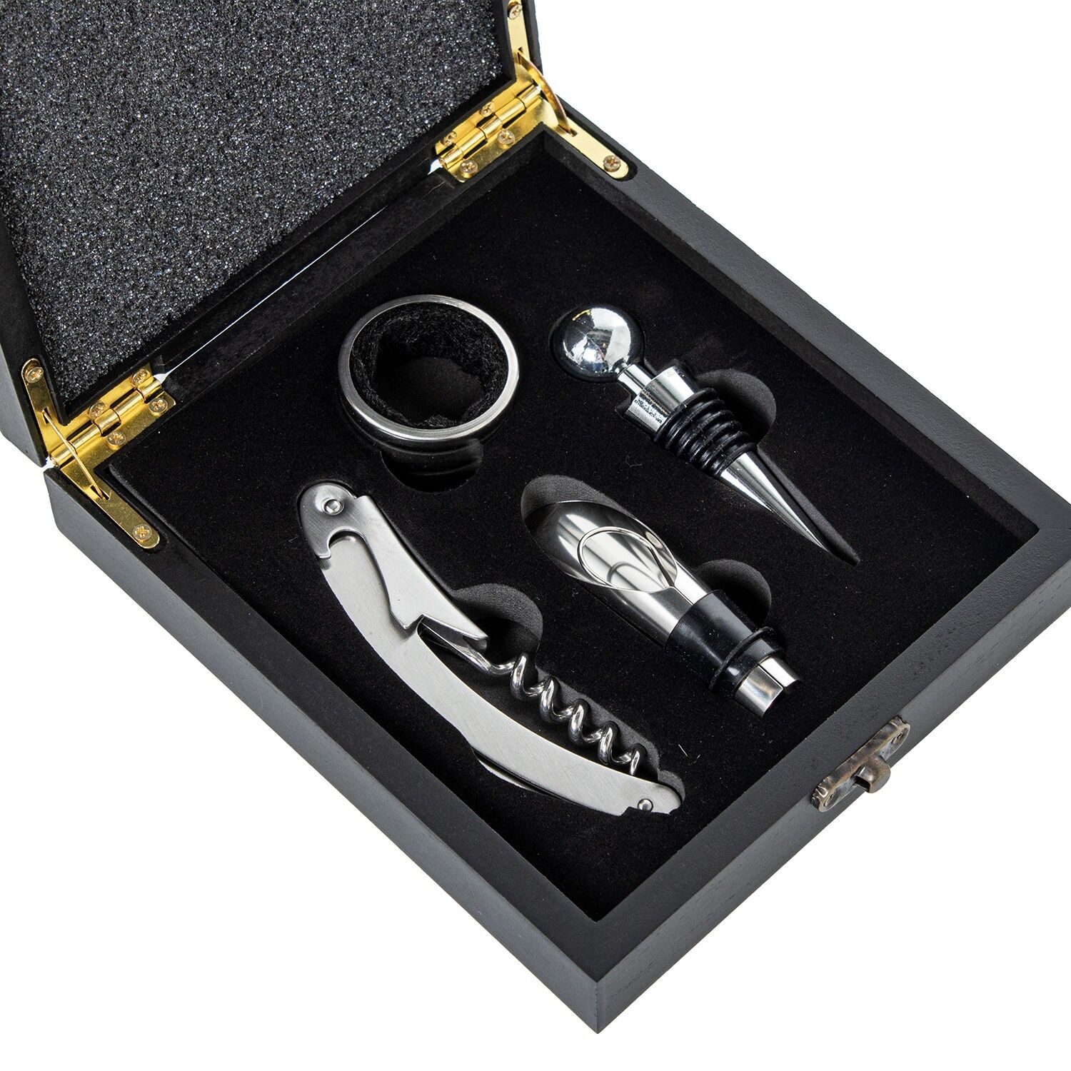 Set di 4 utensili da vino in una scatola di legno nera 15x17x4,5cm ST80177