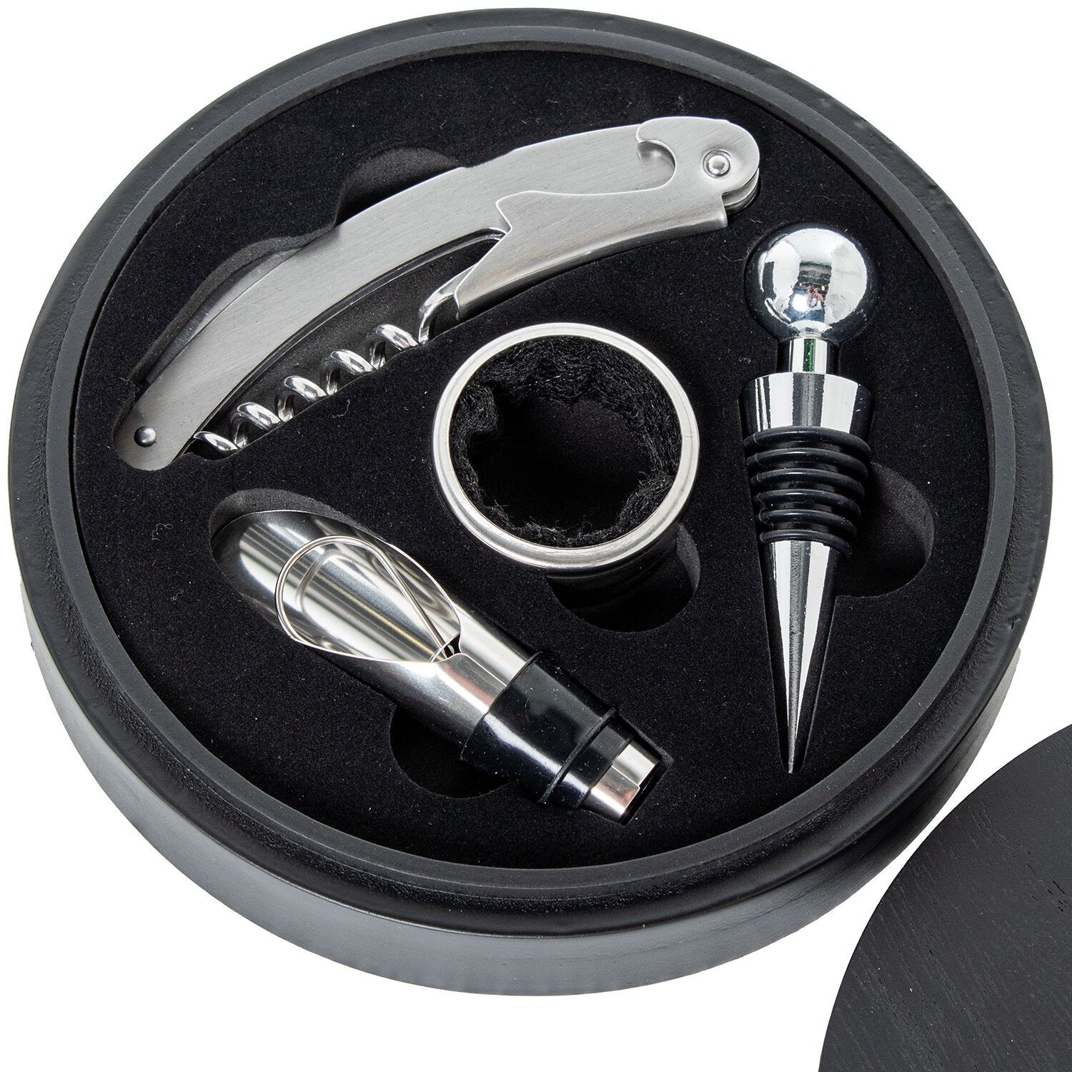 Set di 4 posate per il vino in una scatola di legno nera, 16x4 cm ST80173