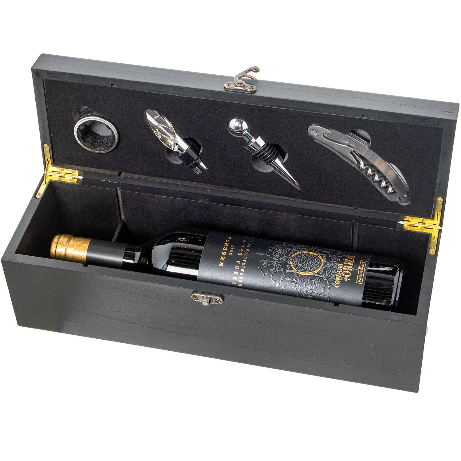 Set di 4 utensili da vino in una scatola di legno nera 36x11x12cm ST80171