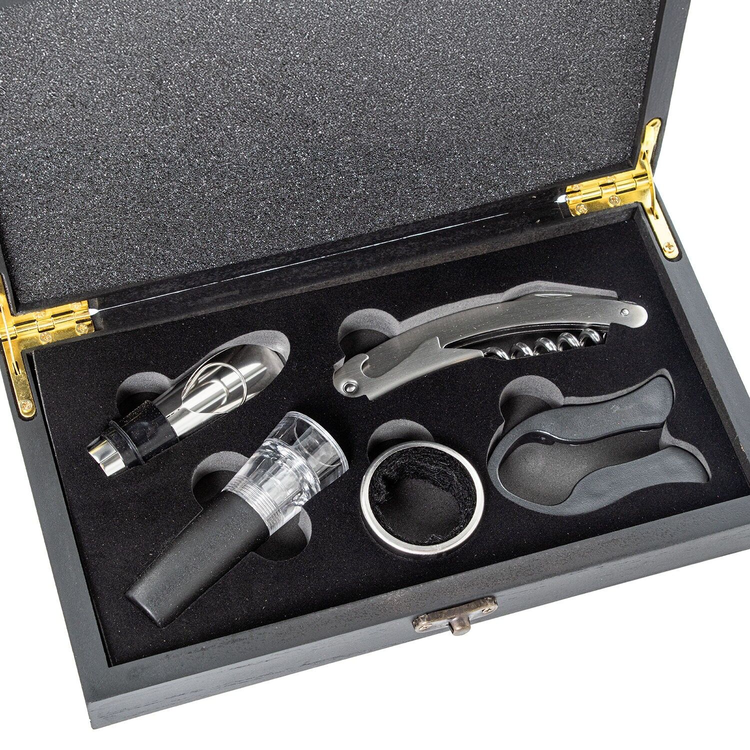 Set of 4 wine utensils in a black wooden box, 23x13x5.5cm ST80180