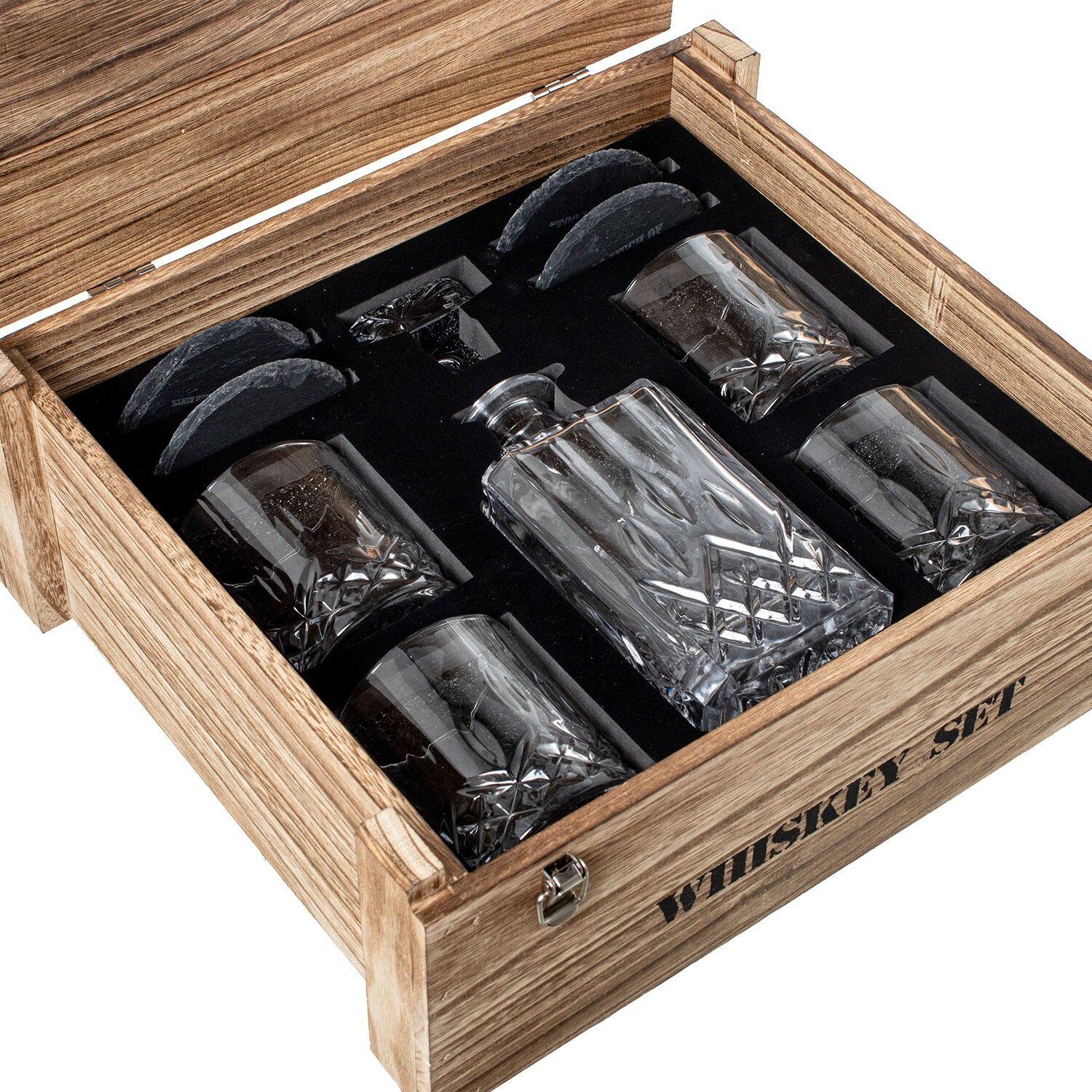 Set botella y 4 vasos whisky cristal en caja madera37, 5x33x14 cmbotella:700ml vasos:300ml ST80182