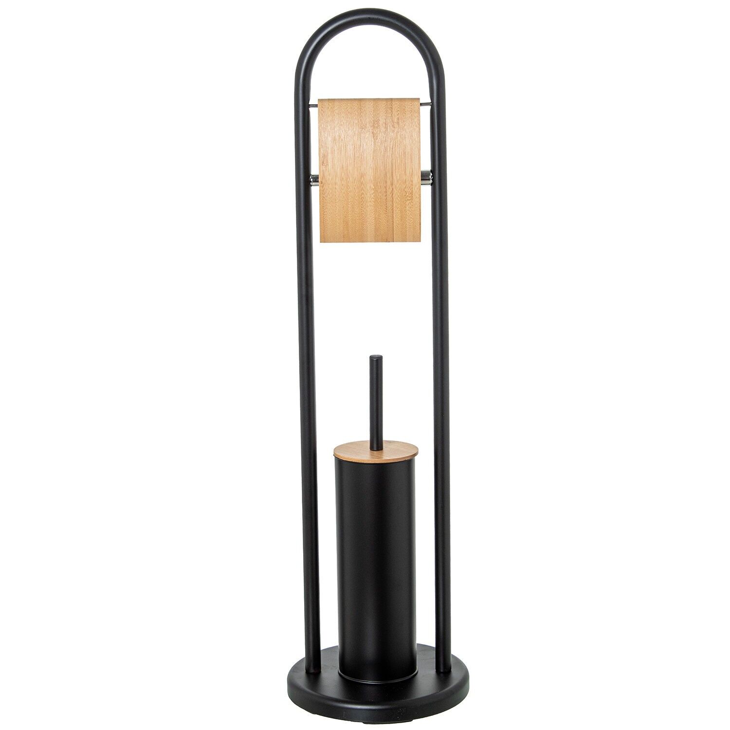 Toilet roll holder with toilet brush, black metal, 22x80cm ST82776