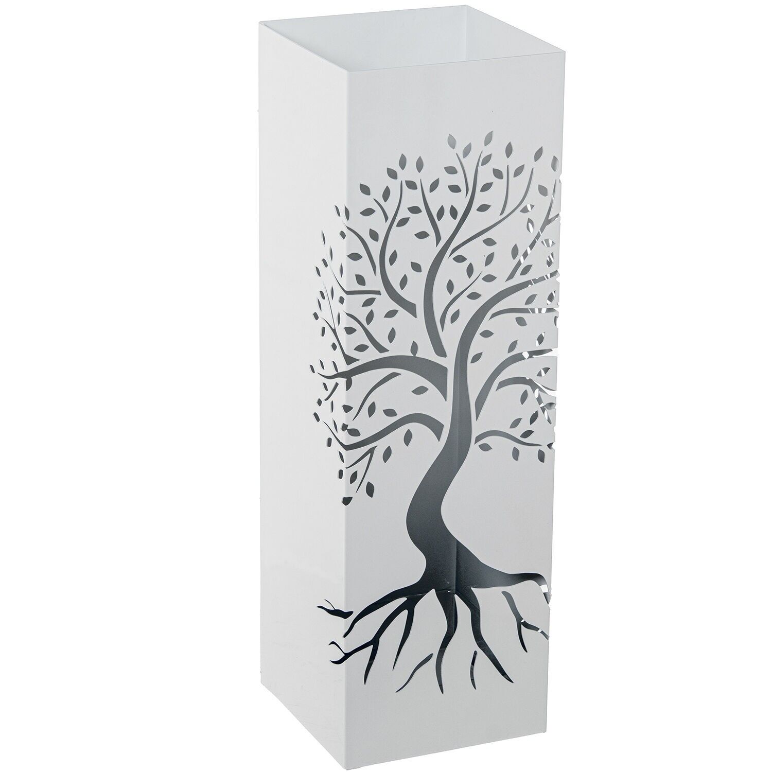 Square white metal umbrella stand, tree design, 15.5x15.5x49cm ST83629