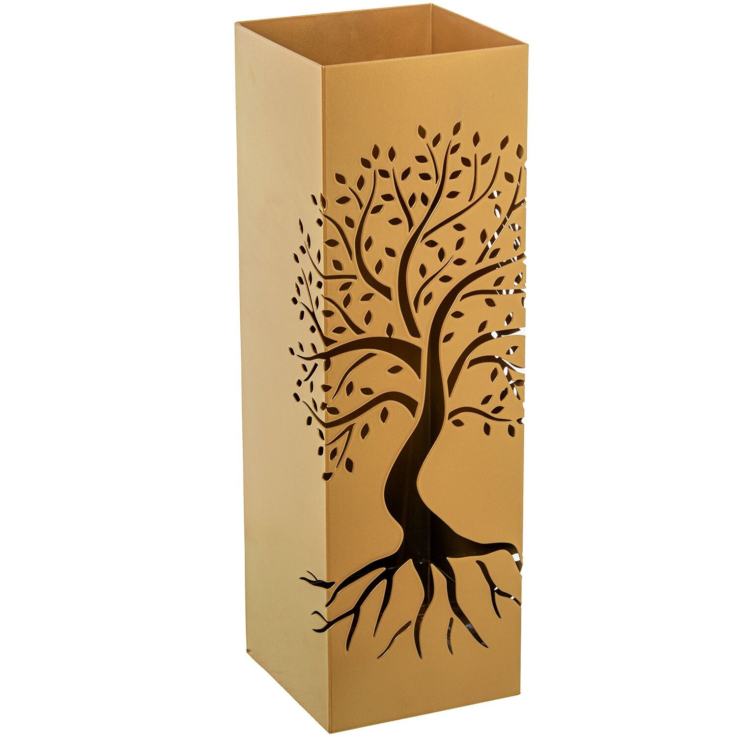 Square gold metal umbrella stand with tree design, 15.5x15.5x49cm ST83631