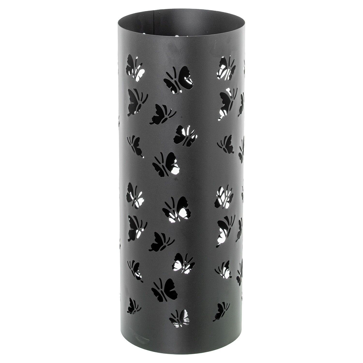 Black round metal umbrella stand with butterflies 19x19x49 cm ST83645