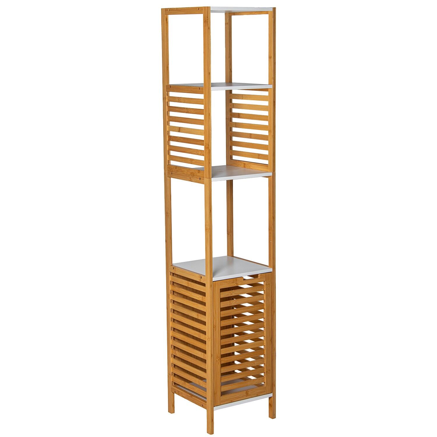 Bathroom shelf, white and natural wood, with basket and 4 shelves, 30x30x155cm, assembly required ST83728