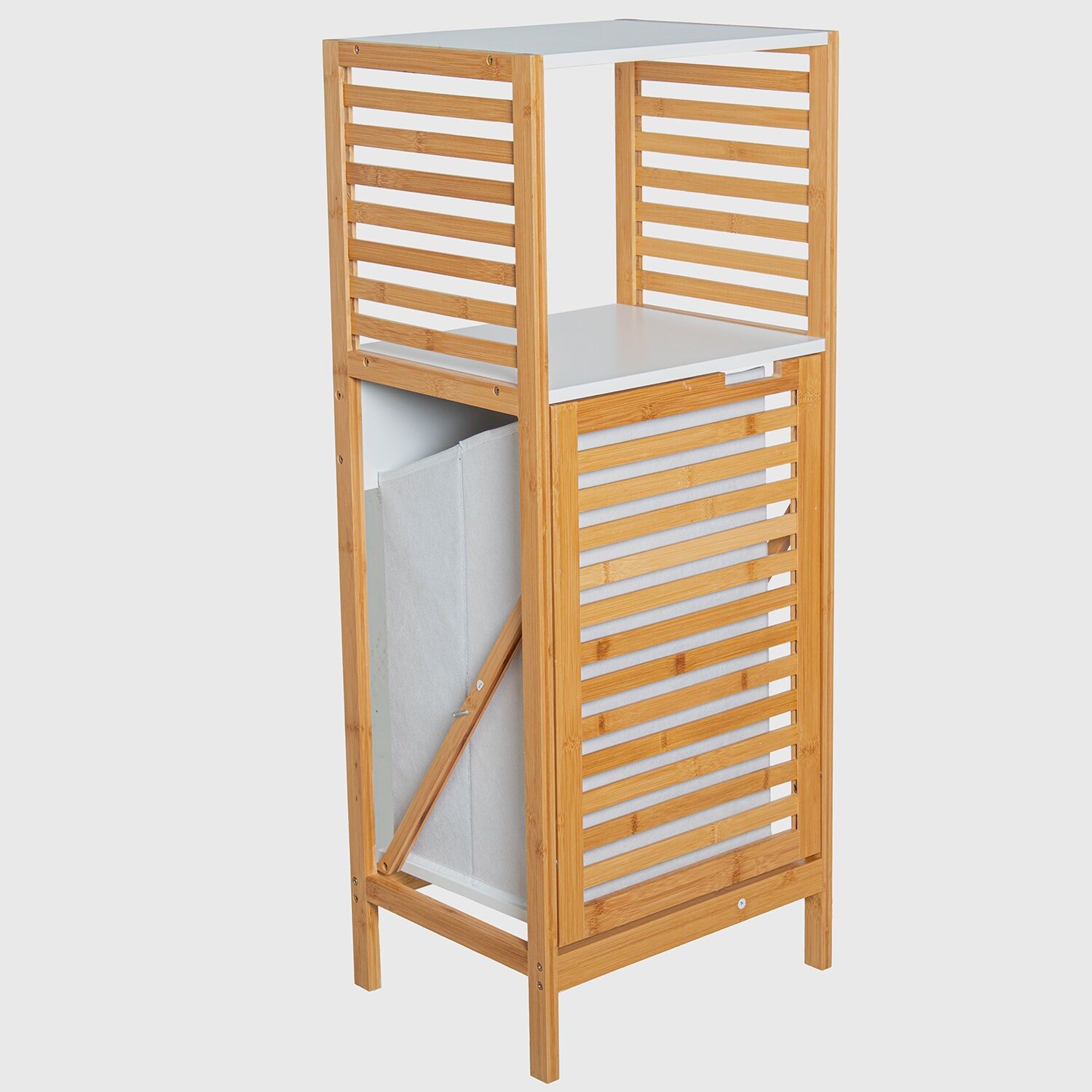 Bathroom shelf, white and natural wood, with basket and 2 shelves, 38x30x95cm, assembly required ST83727
