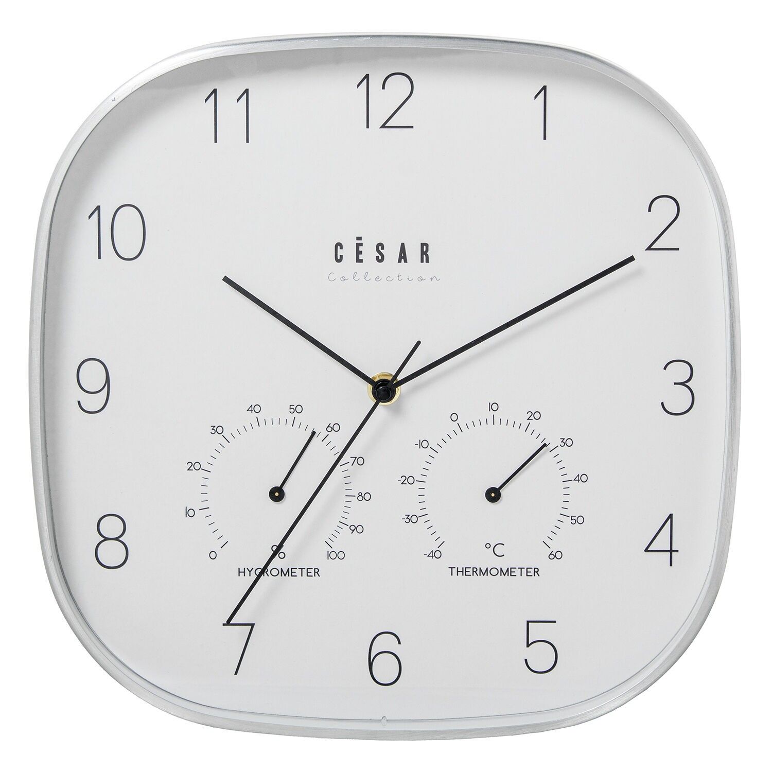 Aluminum wall clock 28cm silver frame with thermometer and humidity 28x4x28cm battery: 1xaa not included ST86294