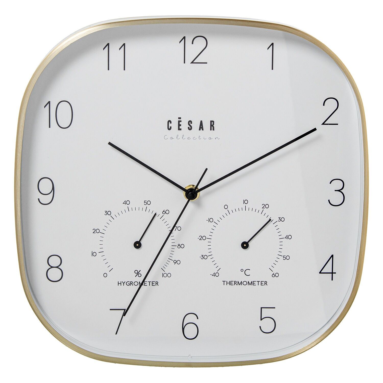 Aluminum wall clock 28cm gold frame with thermometer and hygrom 28x4x28cm battery: 1xaa not included ST86295