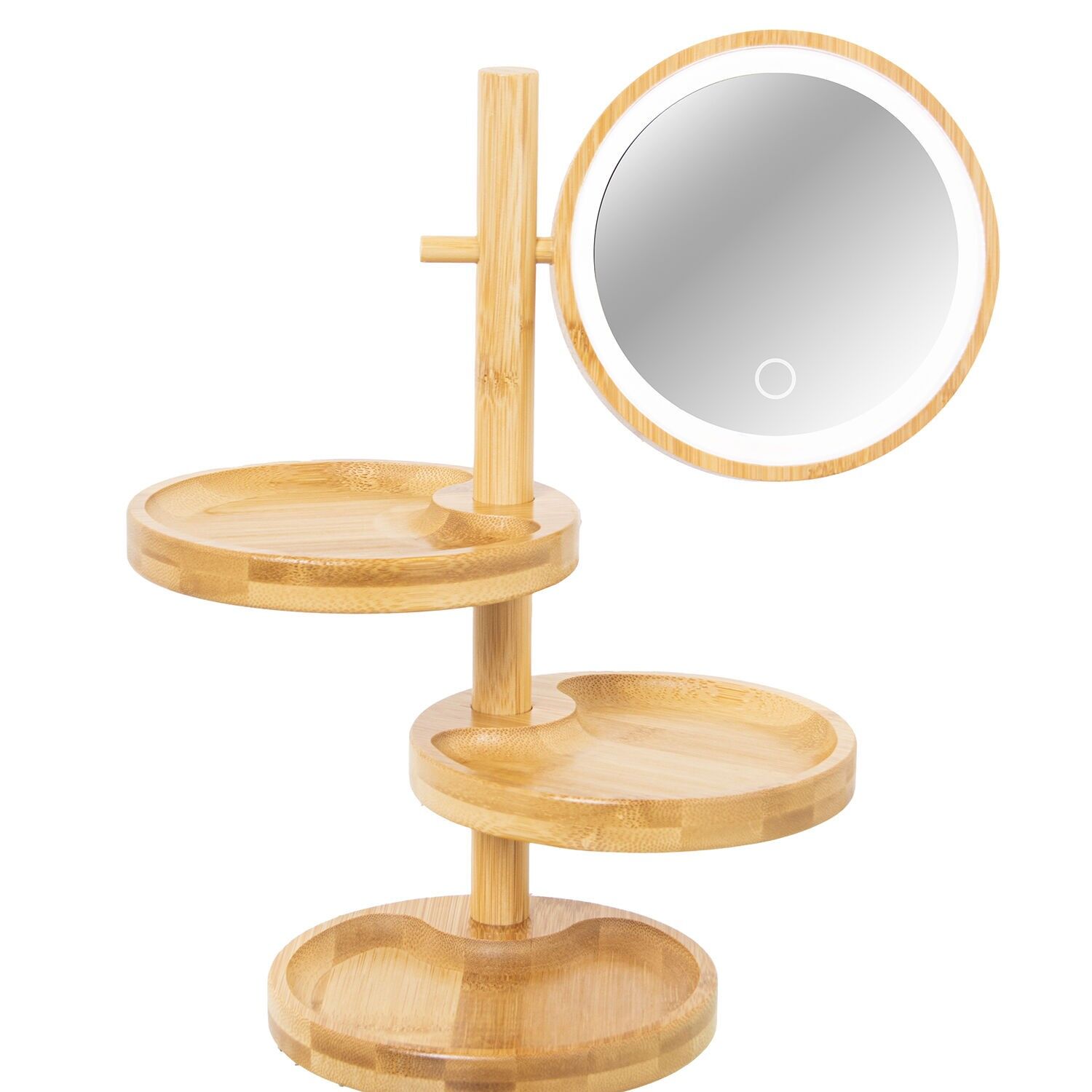 Specchio da bagno da appoggio in bambù con LED e 3 ripiani 15x20x32cm ST86997