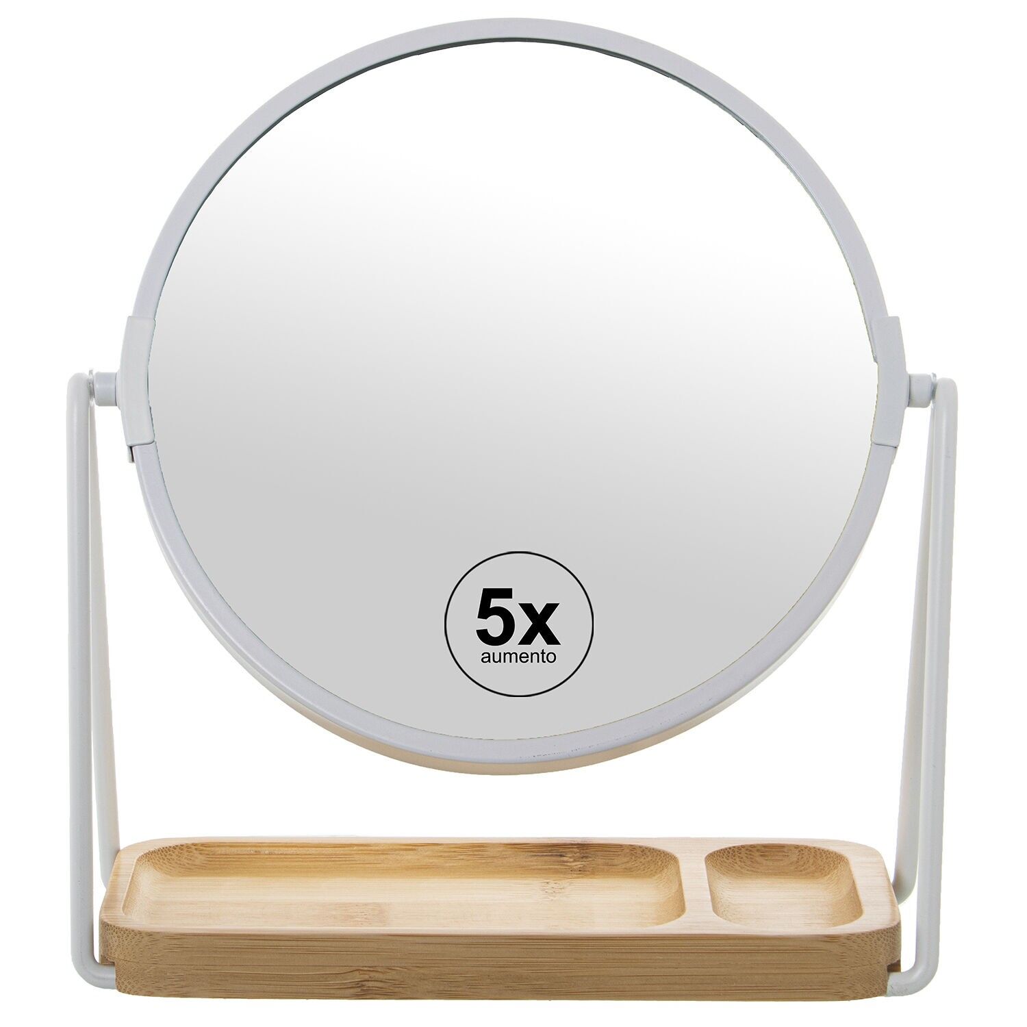 Specchio ingranditore, 2 lati, x1, x5, metallo bianco con base in bambù, 19x8x22cm, specchio: 18cm ST87091