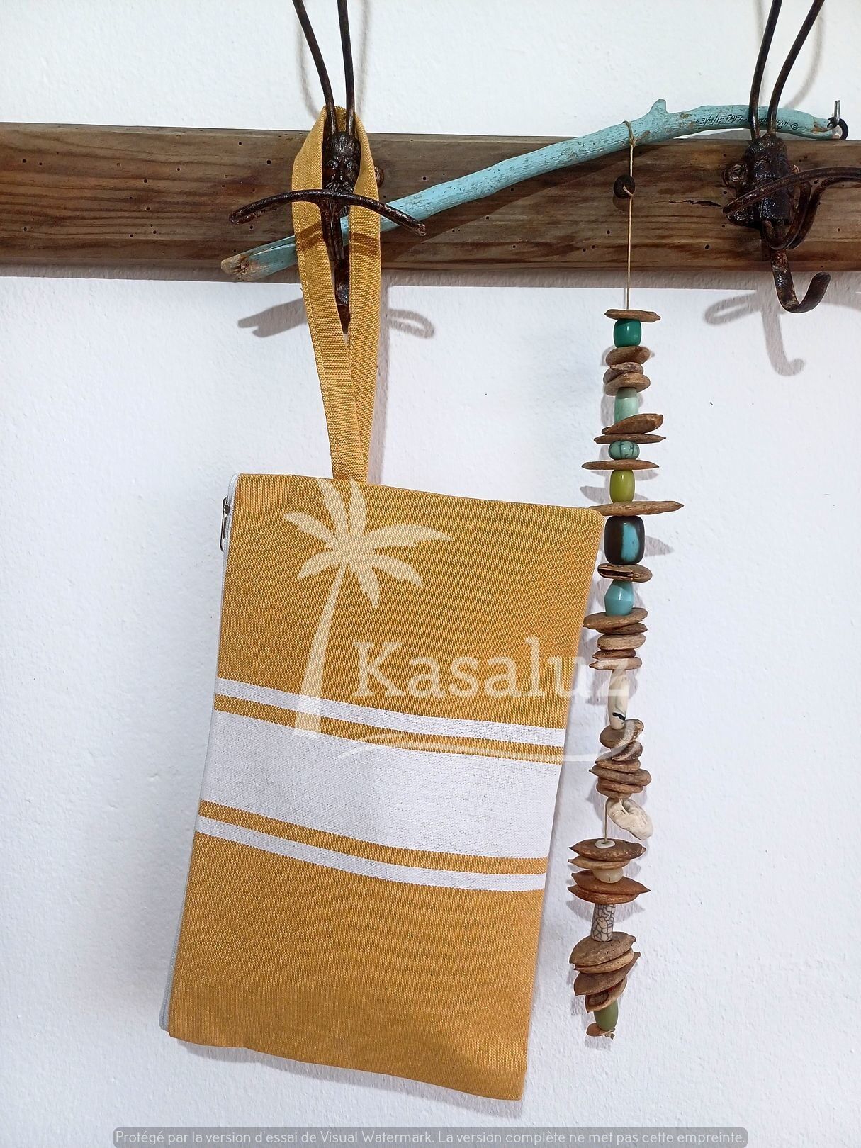 Borsa da spiaggia autentica in 100% cotone con fodera in plastica - Curry