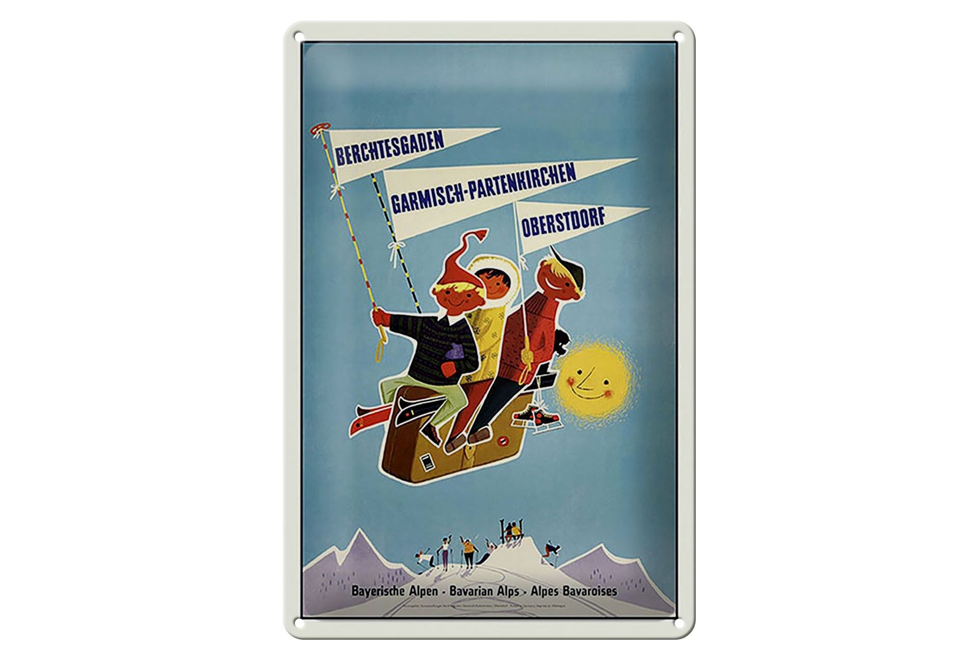 Plaque métallique décorative pour les voyages, 20 x 30 cm, Alpes bavaroises, enfants sur des valises.