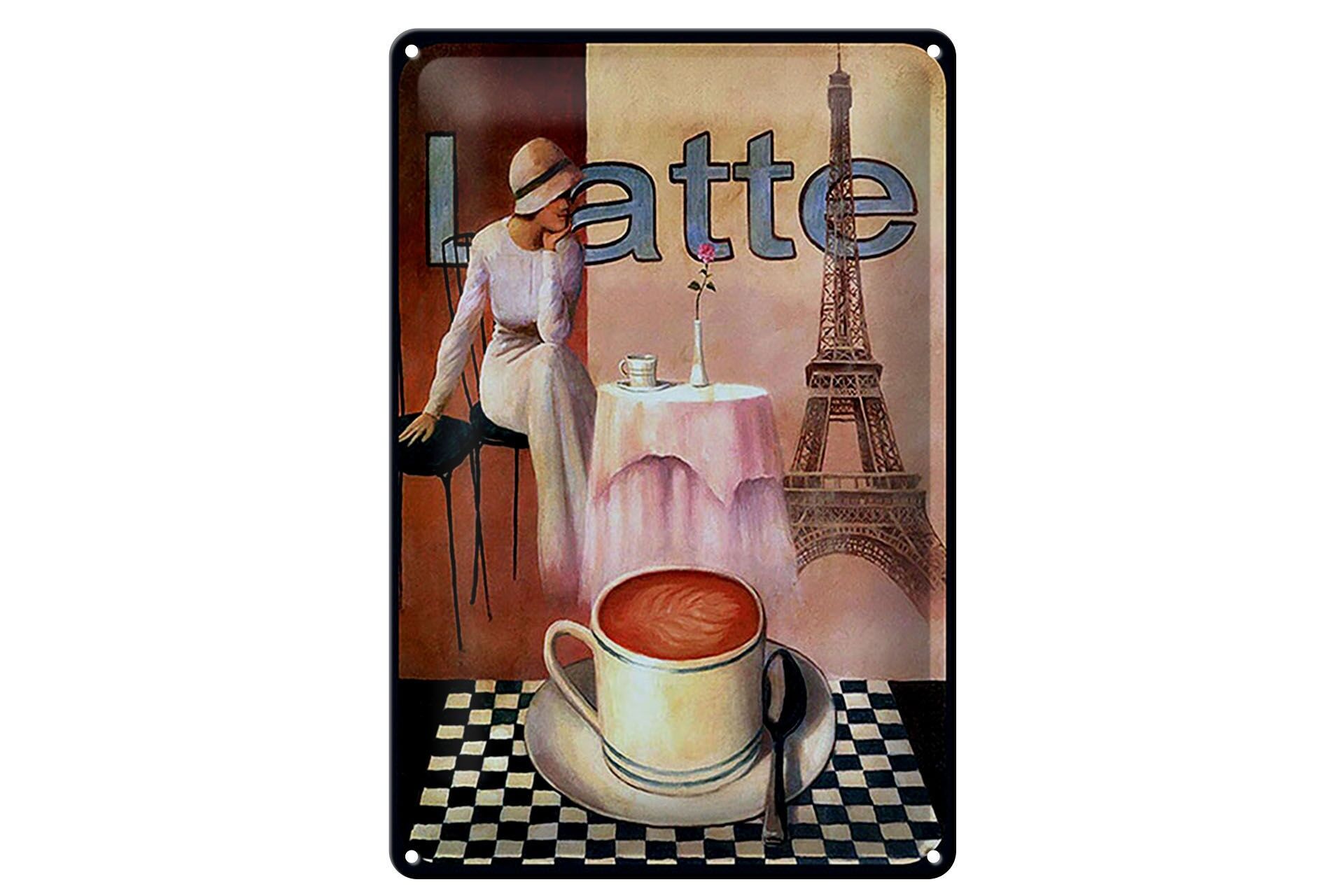Blechschild Kaffee 20x30 cm Latte Eiffelturm Frau Deko Schild
