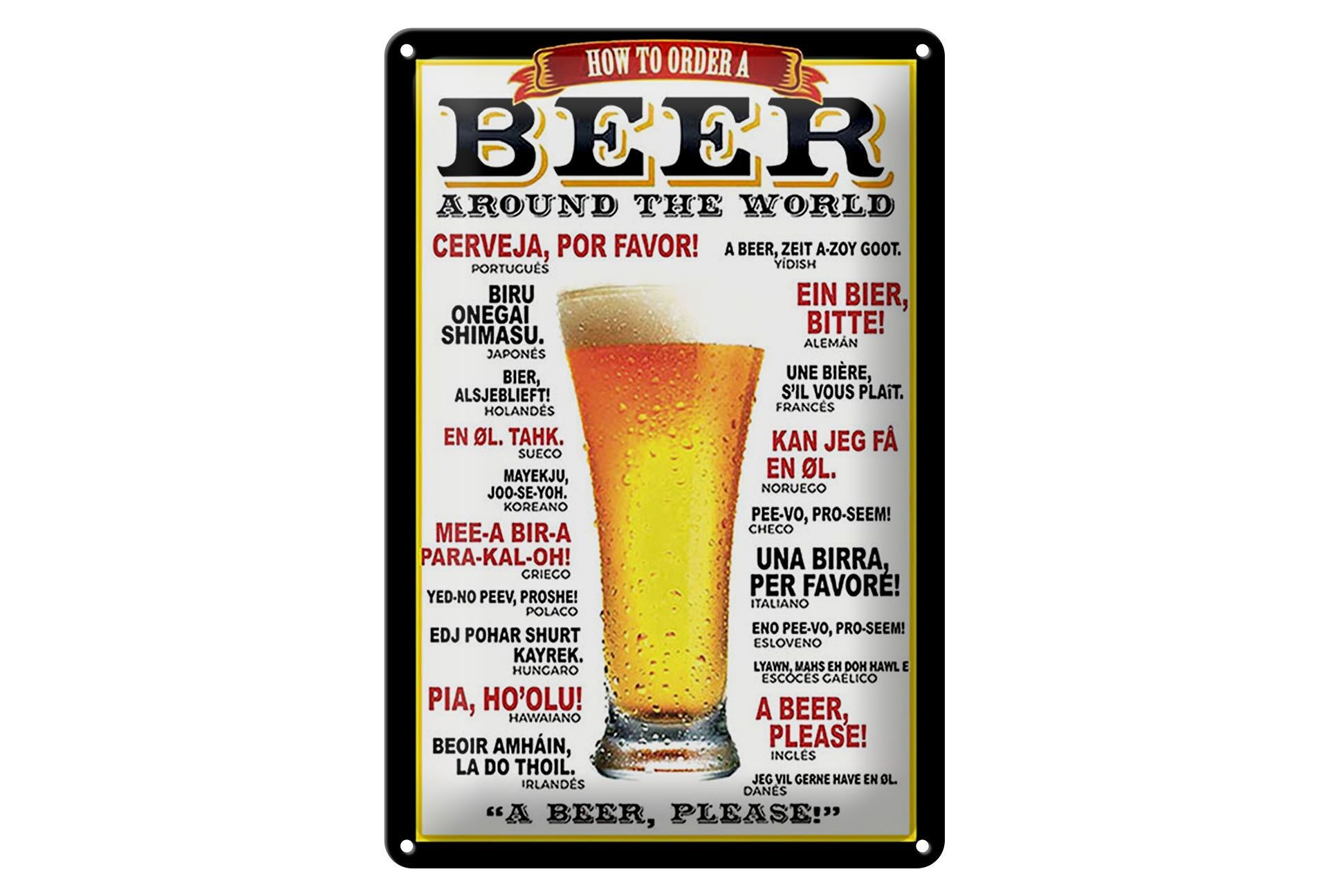 Plaque en métal alcool 20x30 cm Comment commander une bière dans le monde entier Une bière s'il vous plaît