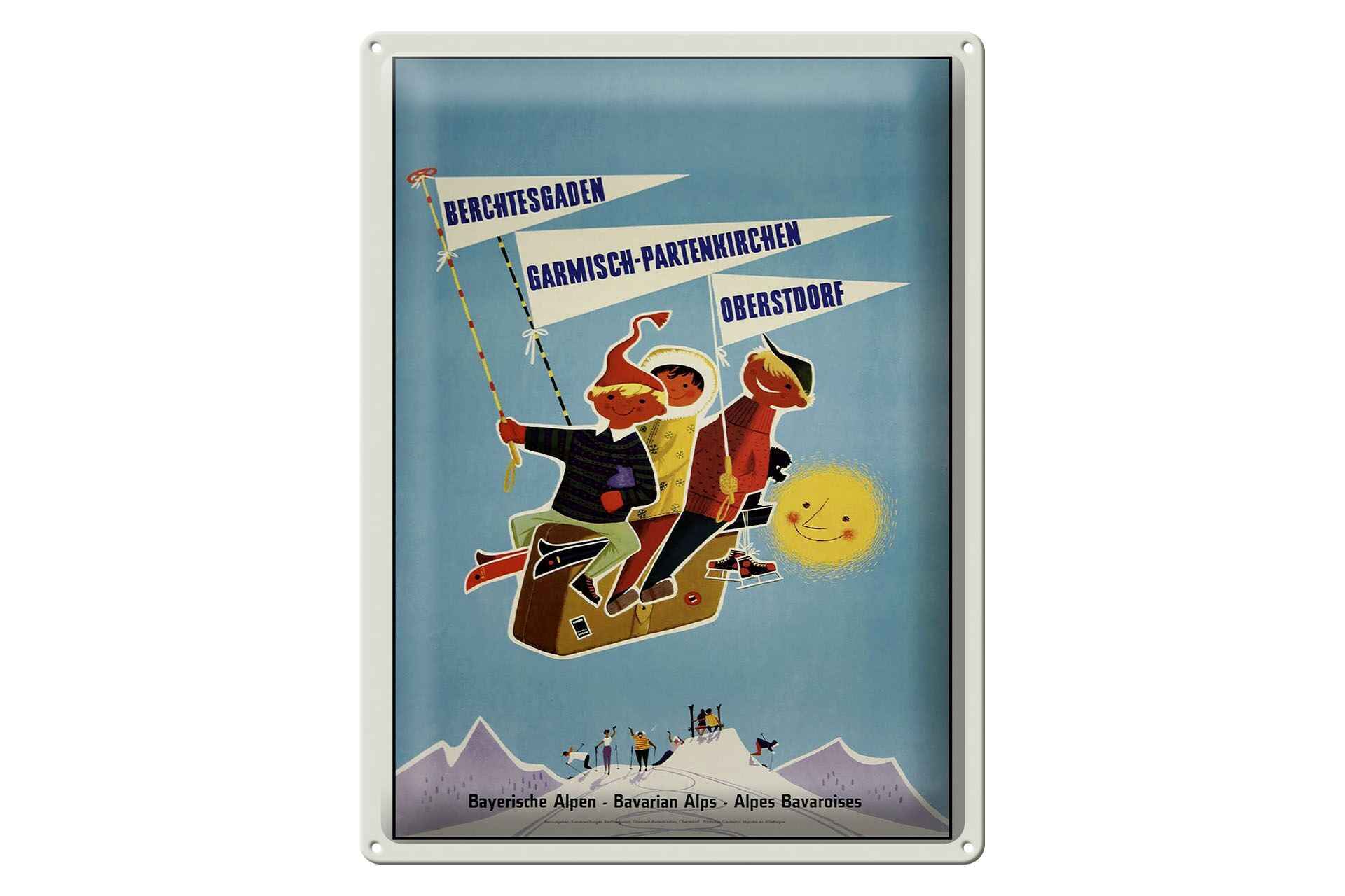 Plaque en métal, thème voyage, 30 x 40 cm, Alpes bavaroises, enfants sur des valises, plaque décorative