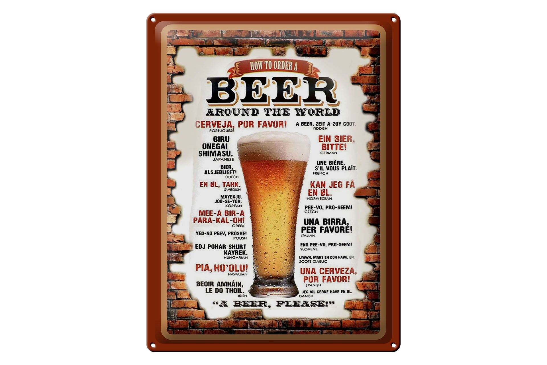 Plaque en métal alcool 30x40 cm - Panneau mural « Comment commander une bière à travers le monde »