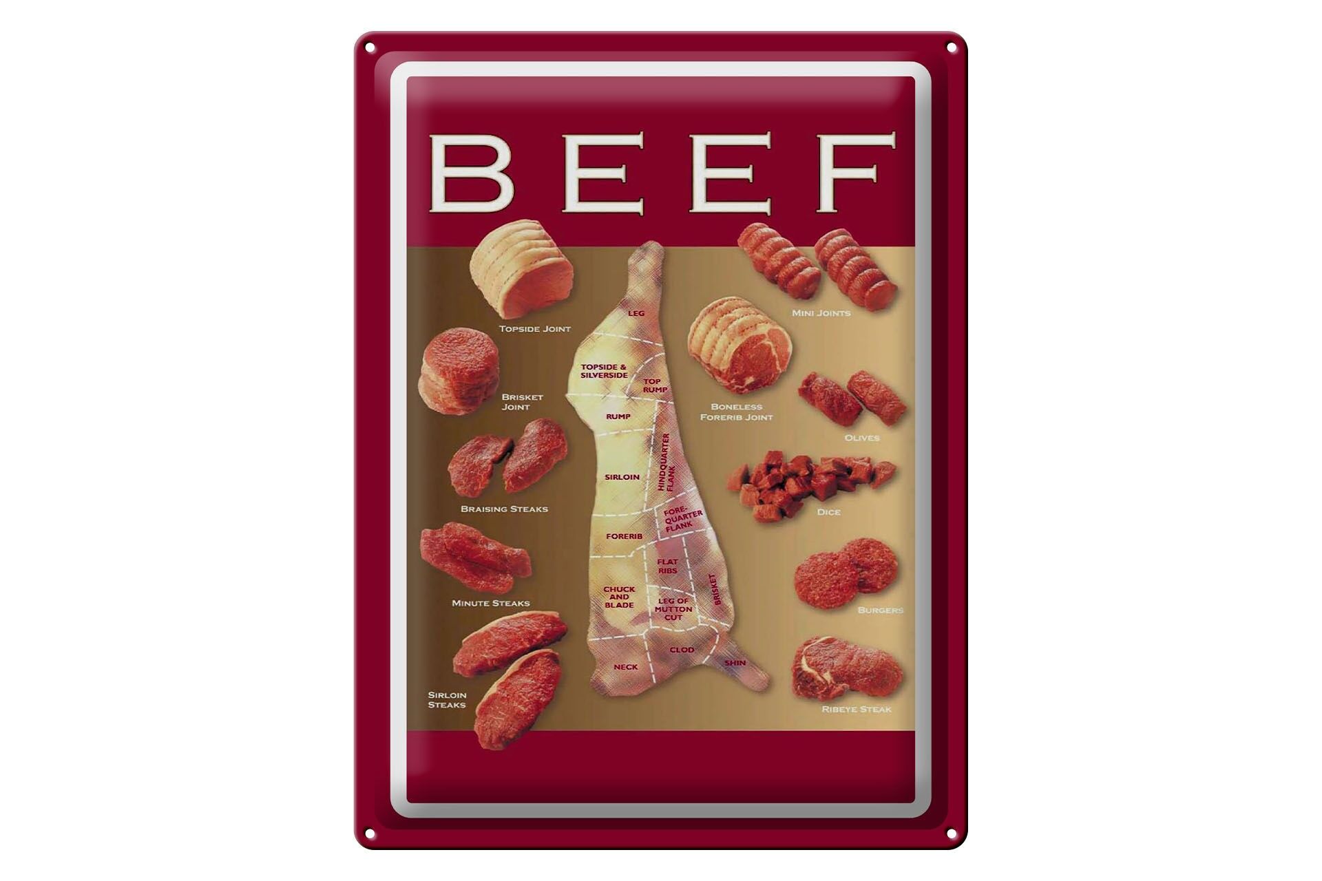 Metal sign for butcher shop, 30x40 cm, beef cut, various pieces of meat.