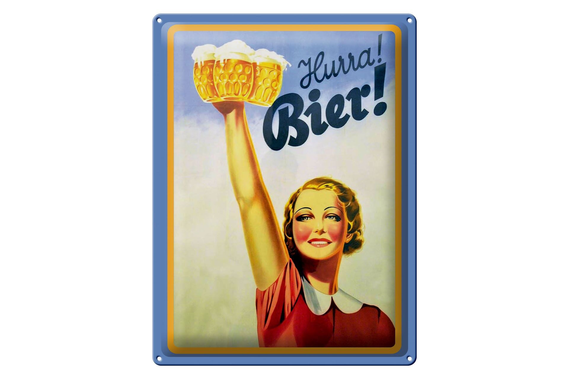 Plaque métallique « Alcool » 30x40 cm, « Hourra pour la bière », femme avec des verres de bière dans le bras tendu