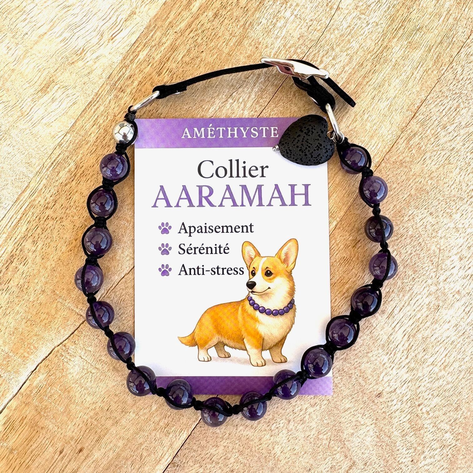 Collier AARAMAH pour chien et chat en améthyste : anti-stress - sérénité - 8 tailles disponibles