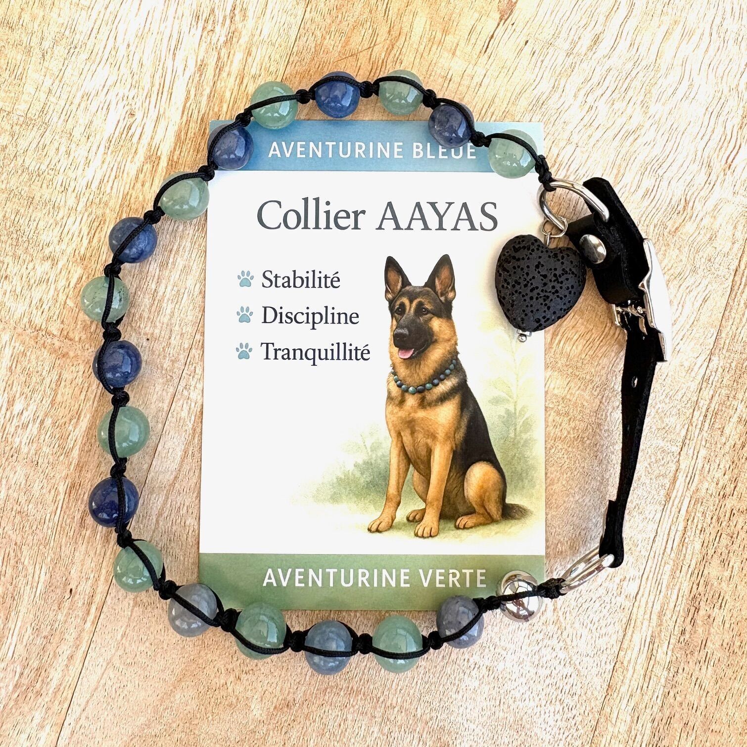 Collier AAYAS pour chien et chat en aventurine bleue et verte : nervosité - hyper activité - 8 tailles disponibles