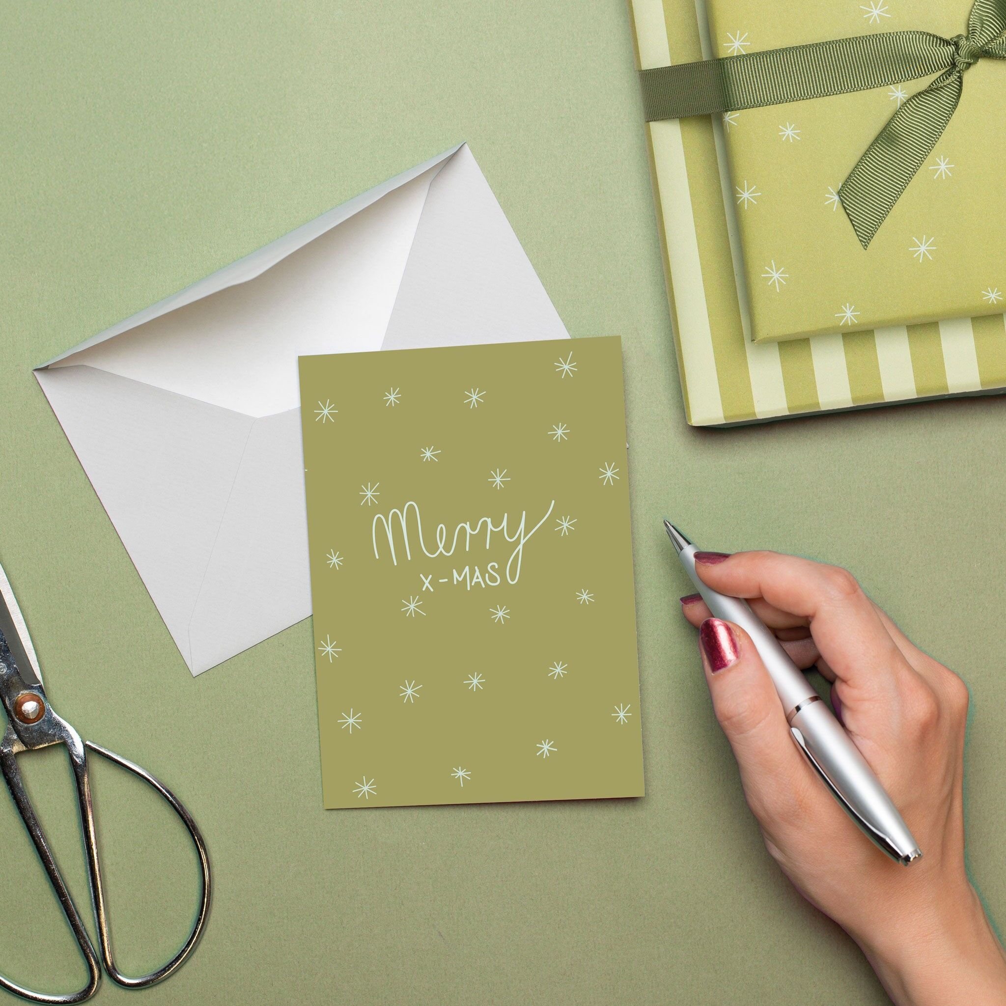 Weihnachtskarte Grün mit Sternen "Merry X-Mas"