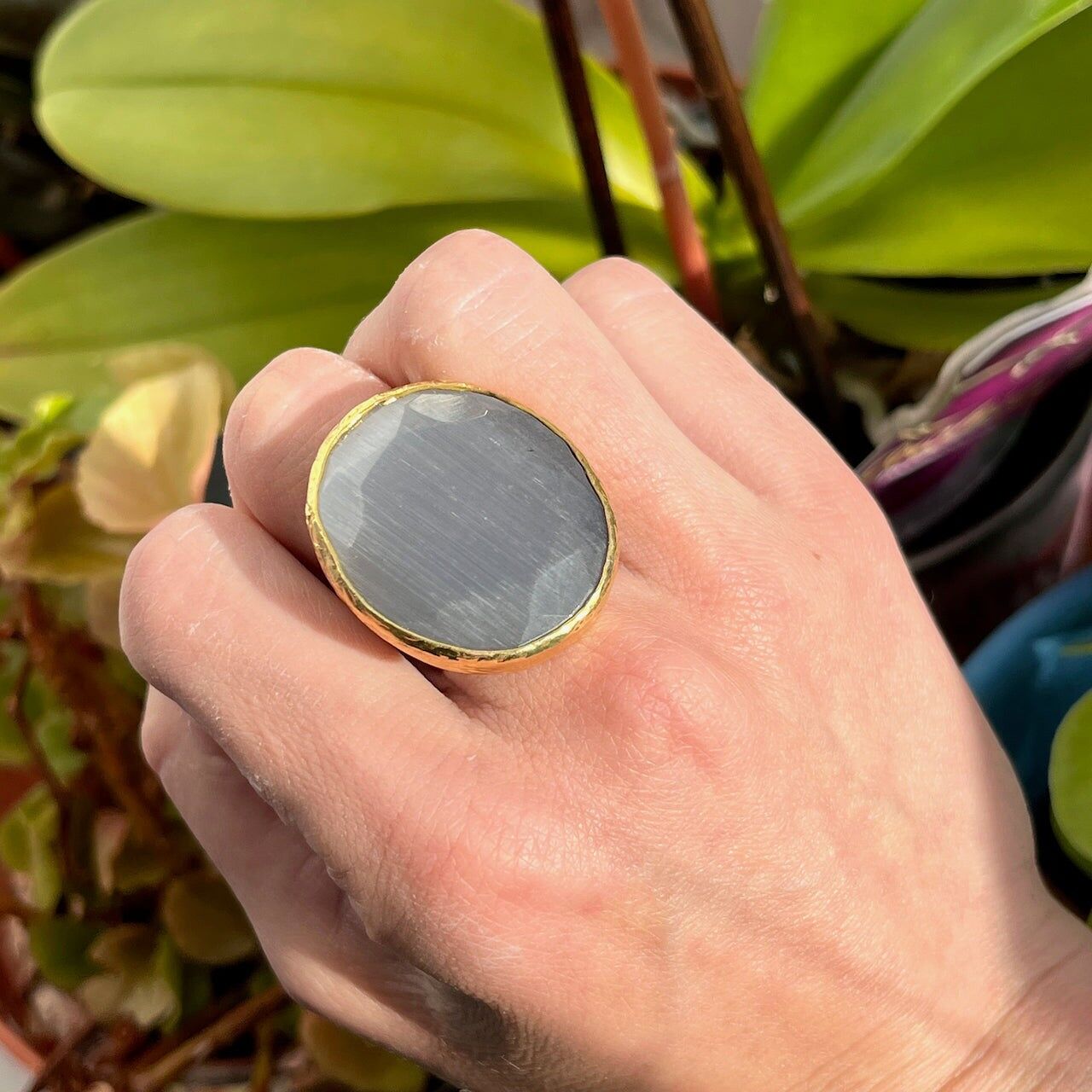 Anello "SILVARIA" con pietra naturale di agata grigia - misura grande