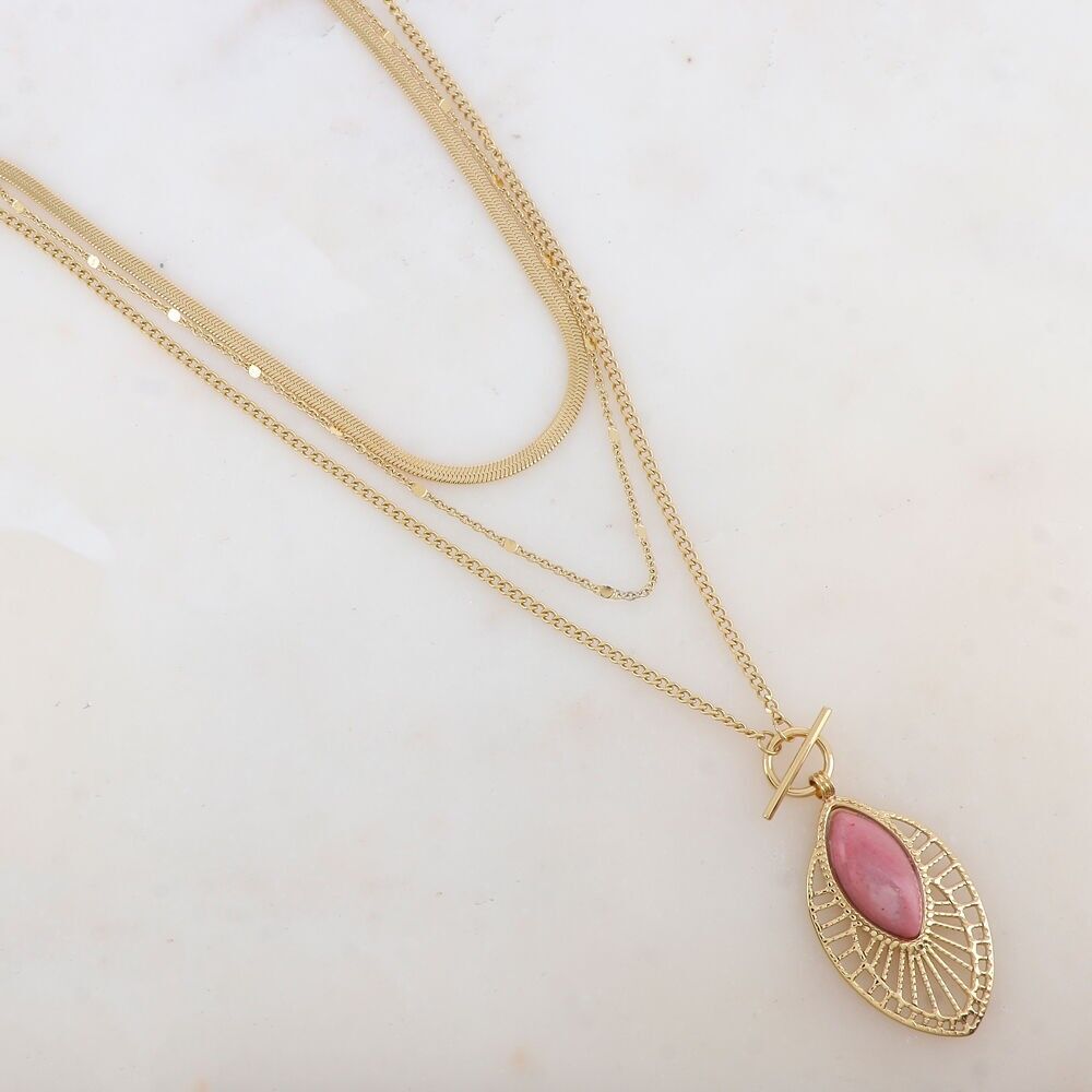 Three-strand necklace with openwork pendant, natural stone or mother-of-pearl