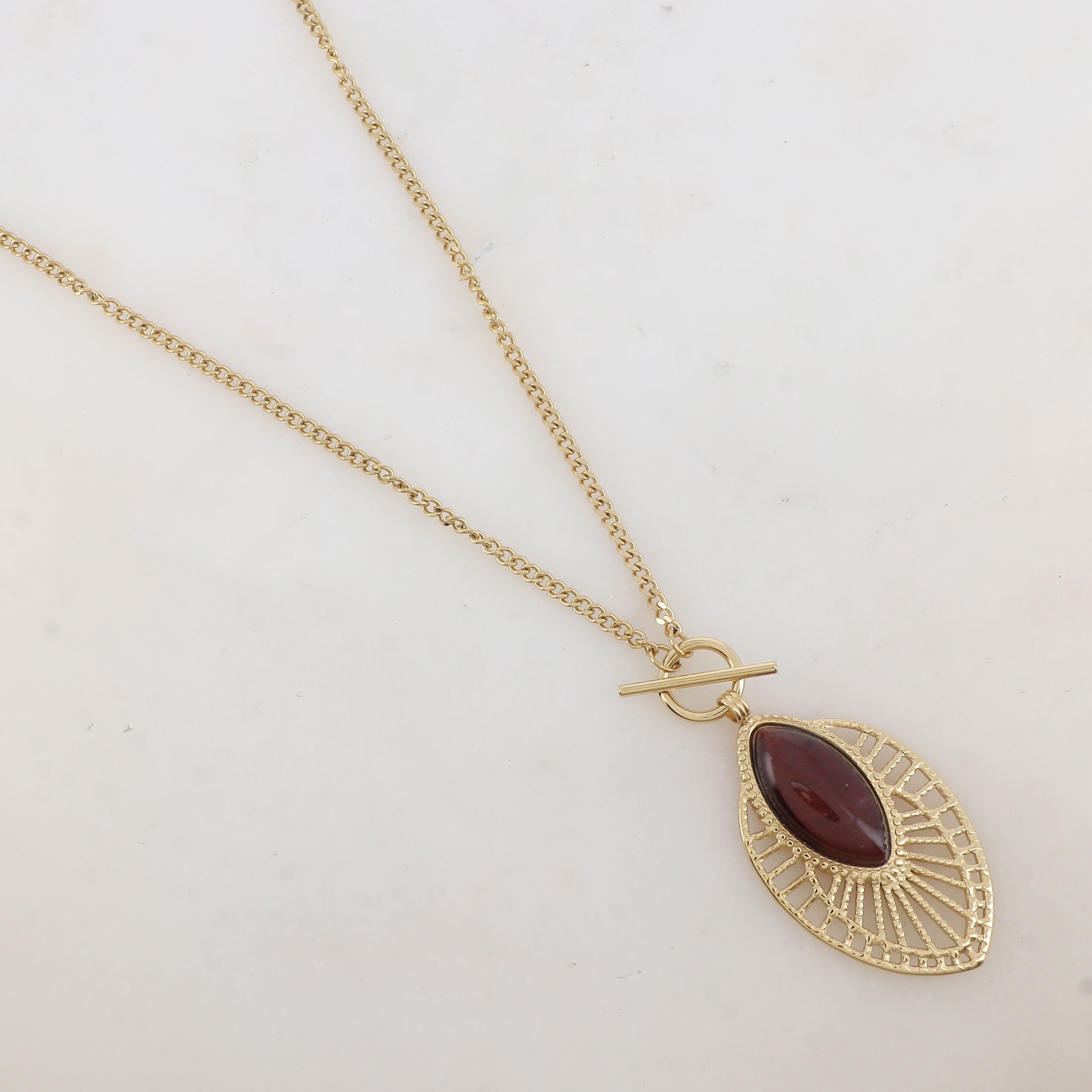 Long necklace with openwork pendant, natural stone or mother-of-pearl