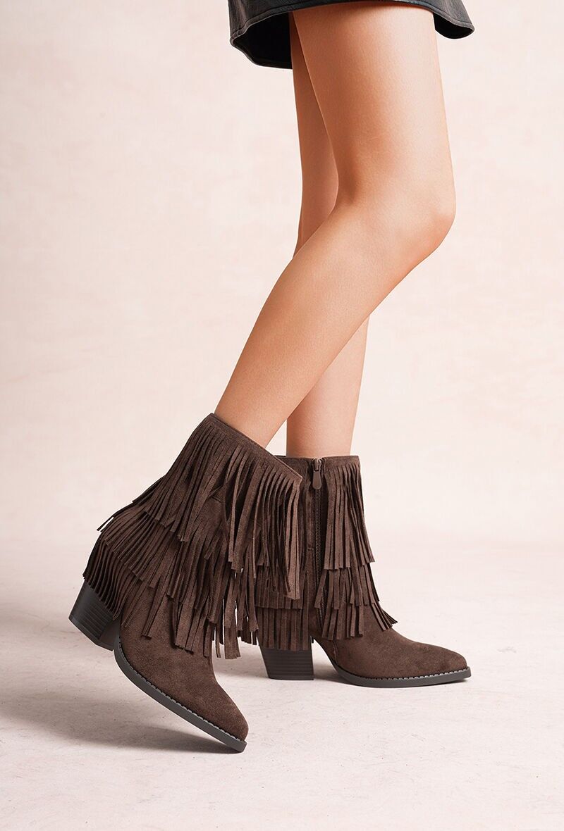 Stivaletti in pelle scamosciata con frange e tacco a blocco