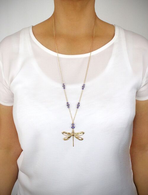 Long dragonfly necklace with Tanzanite crystals