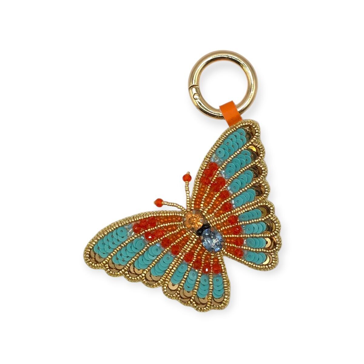 CIONDOLO PER BORSA A FORMA DI FARFALLA CON PERLINE OMBRE ARANCIONE E BLU