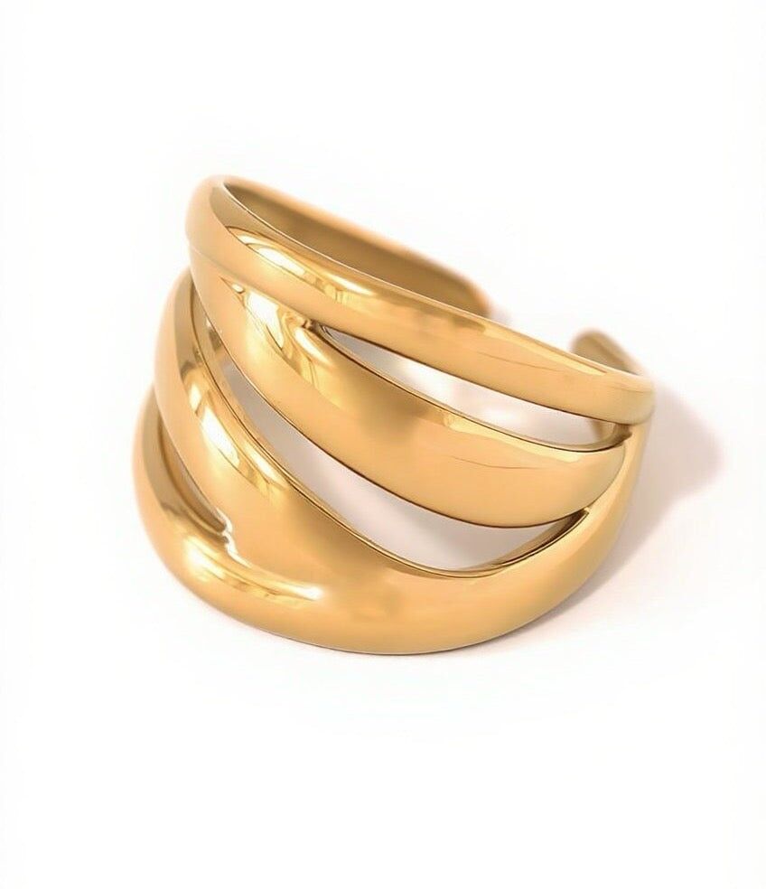 Anello placcato oro, traforato, con quattro rami e effetto specchio