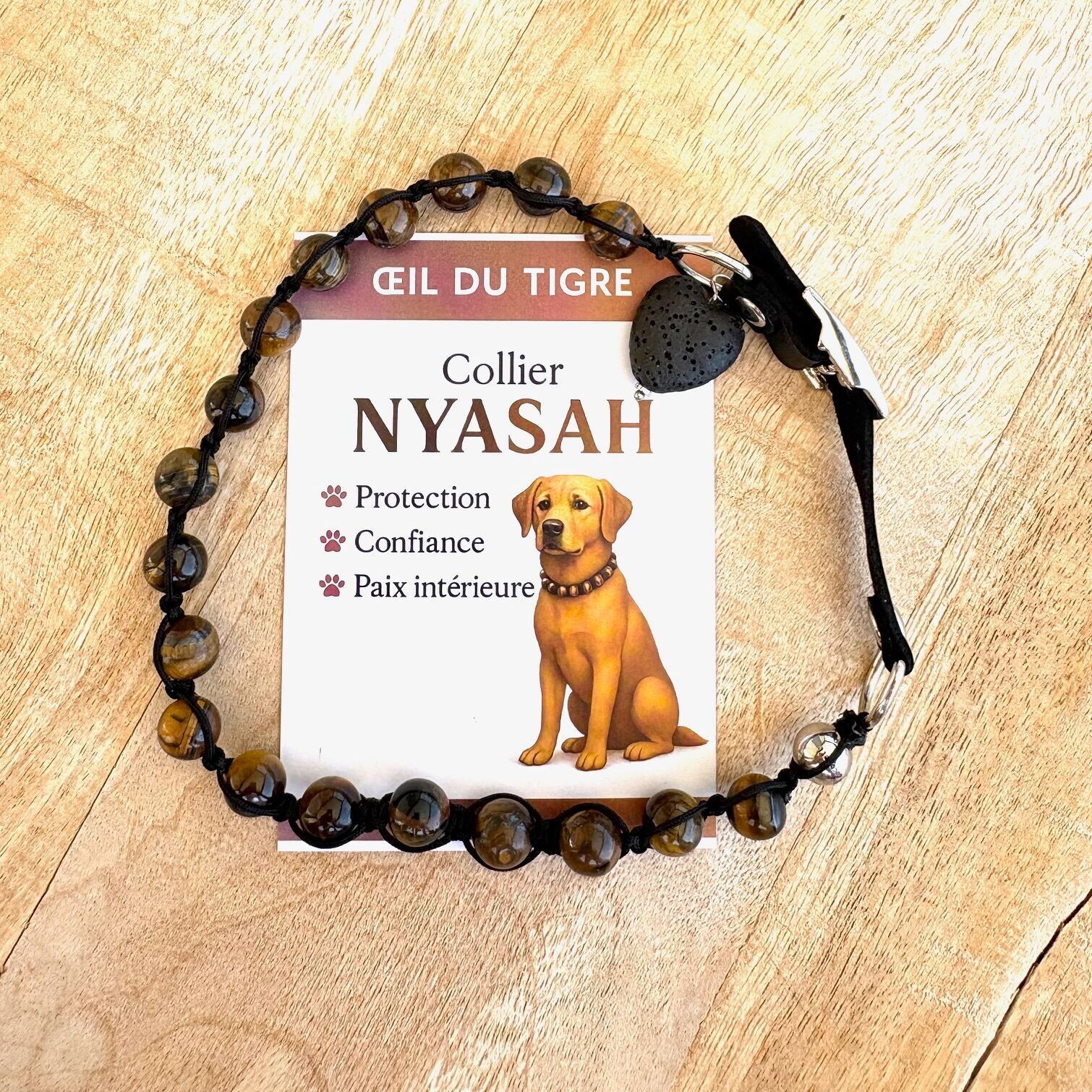 Collier NYASAH pour chien et chat en oeil de tigre : protection - manque de confiance - 8 tailles disponibles