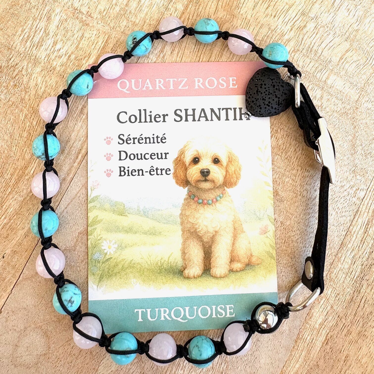 Collier SHANTIH pour chien et chat en turquoise et quartz rose : sérénité - douceur spécial juniors - 8 tailles dispo