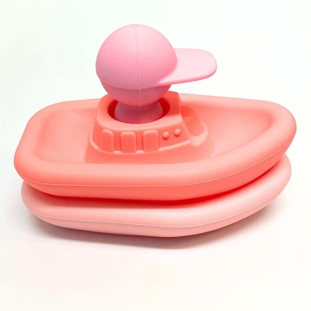 Jouet d'éveil pour le bain en silicone - Set de 2 bateaux + 1 capitaine rose/corail - Jouets éducatif - Marque française - Cadeau noël enfant