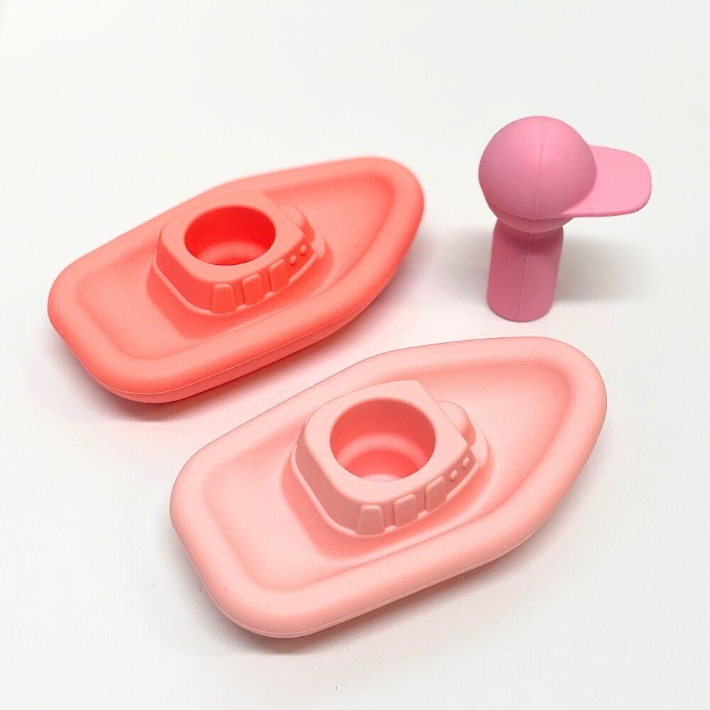 Jouet d'éveil pour le bain en silicone - Set de 2 bateaux + 1 capitaine rose/corail - Jouets éducatif - Marque française
