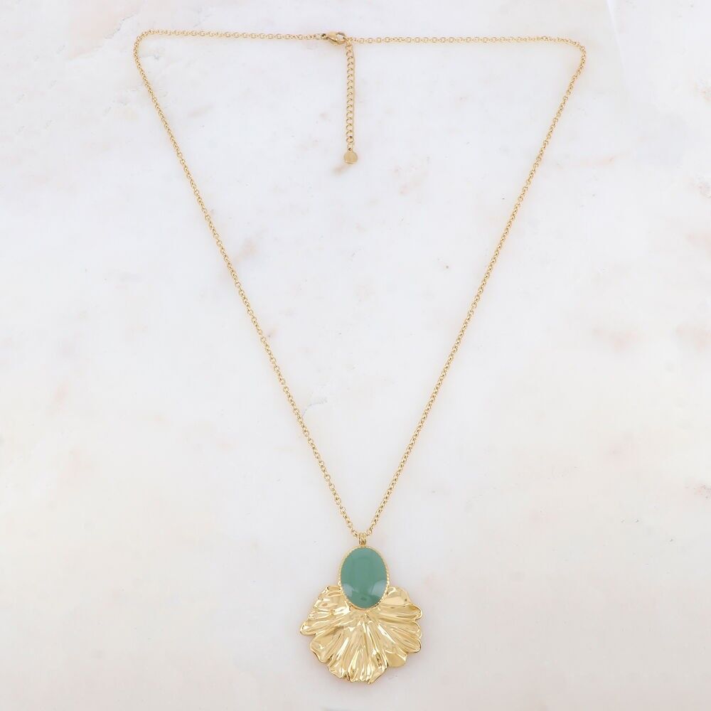 Necklace with enameled foliage pendant