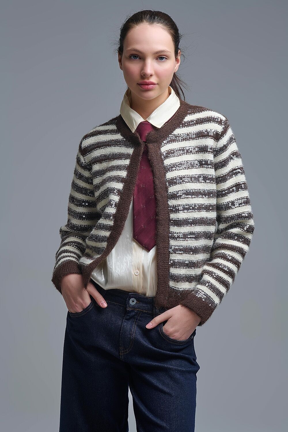 Cardigan a righe con dettagli in paillettes in marrone e crema