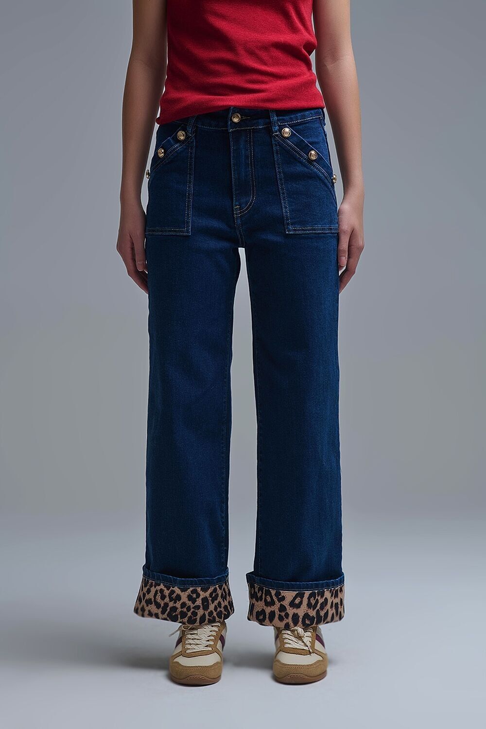 Jeans in stile marinaro con orlo piegato leopardato a contrasto