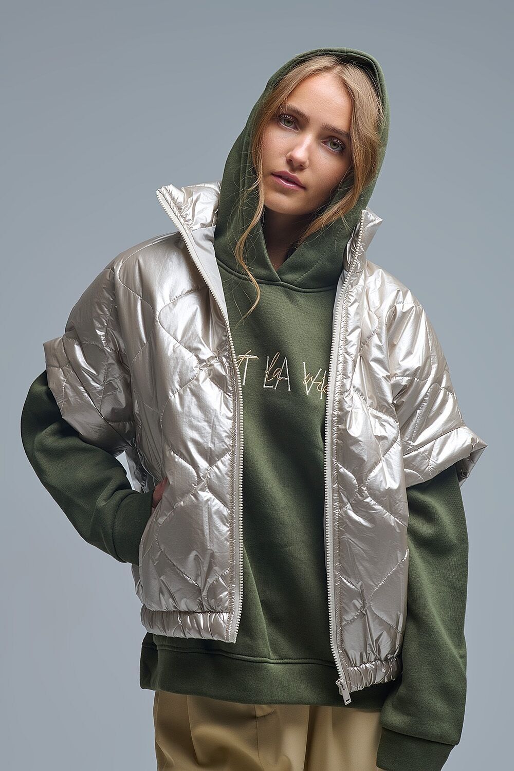 padded down jacket in gold with Cap Sleeve