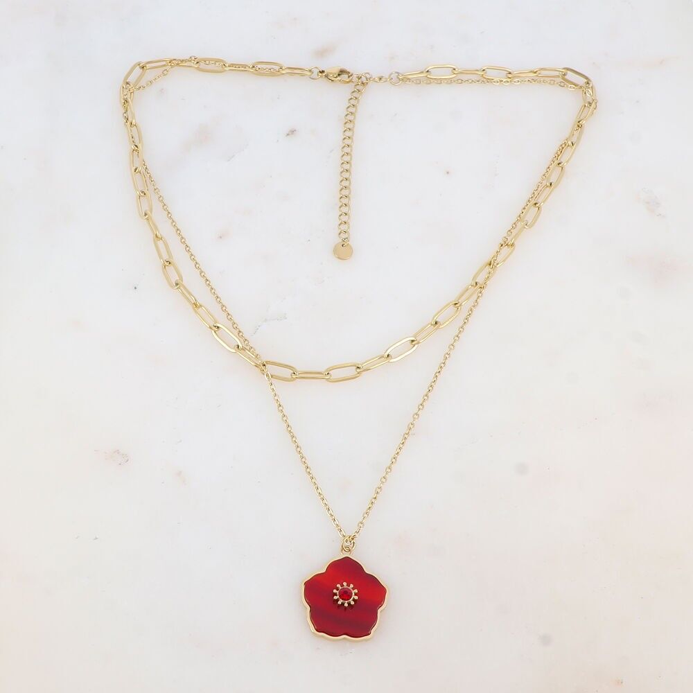 Two-strand necklace with natural stone flower pendant and rhinestones