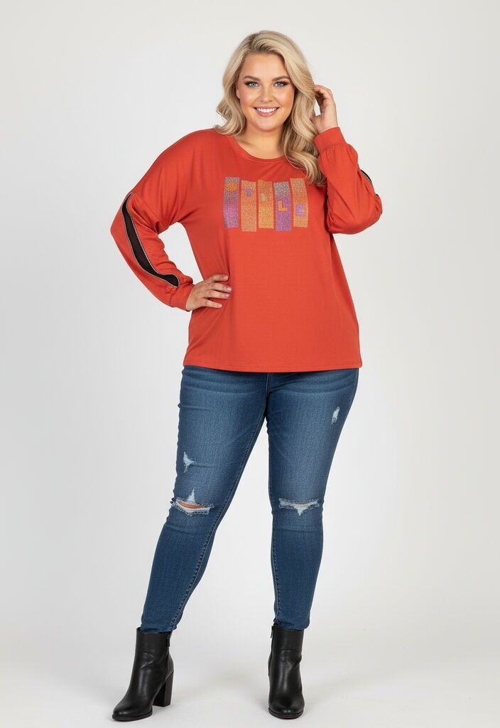 Camiseta de talla grande con diamantes de imitación color óxido y mangas abiertas (C6603)