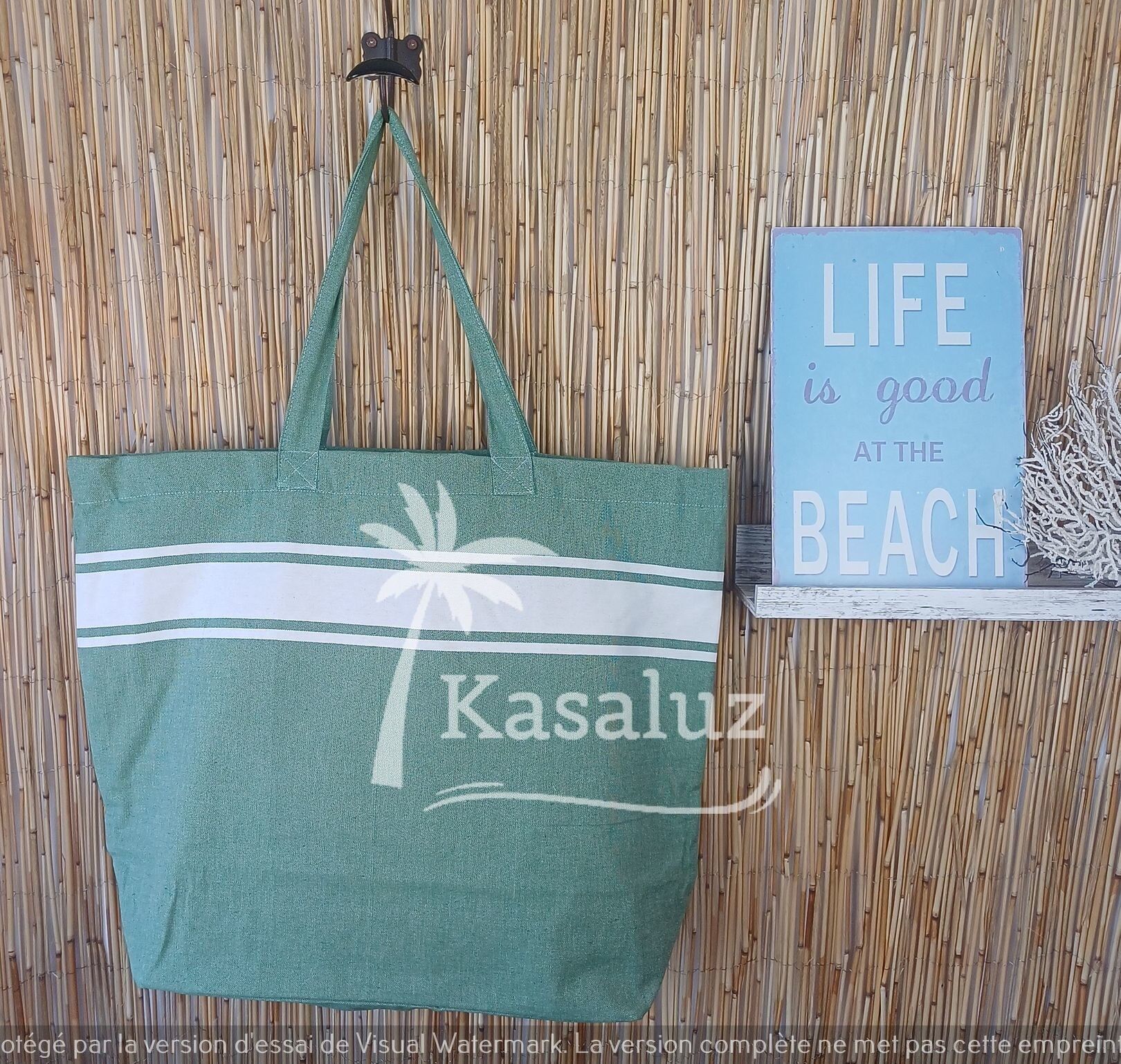 Borsa da spiaggia 100% cotone con fodera in plastica - Verde salvia